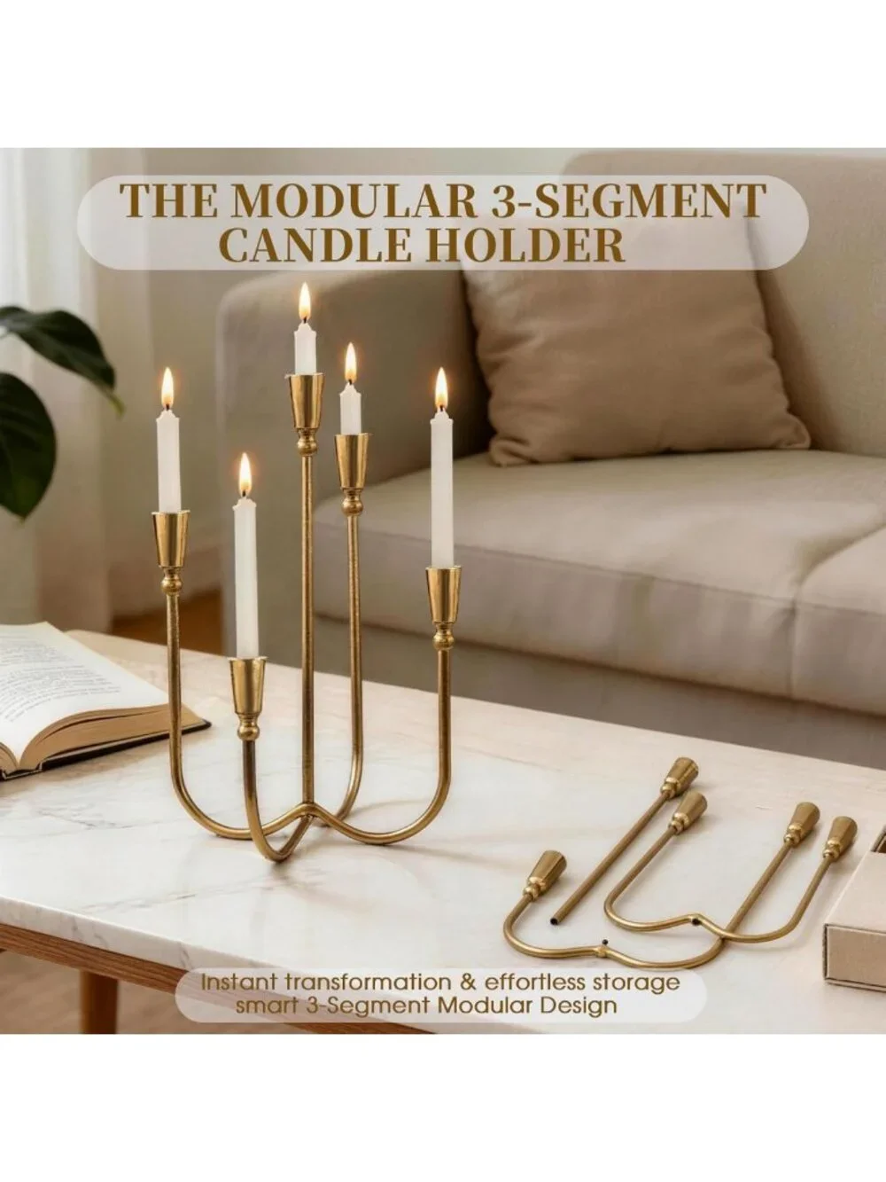 Elegant 5 Arm Antique Brass Candelabra Candle Holder - 17.5'' Tall Gold Decor